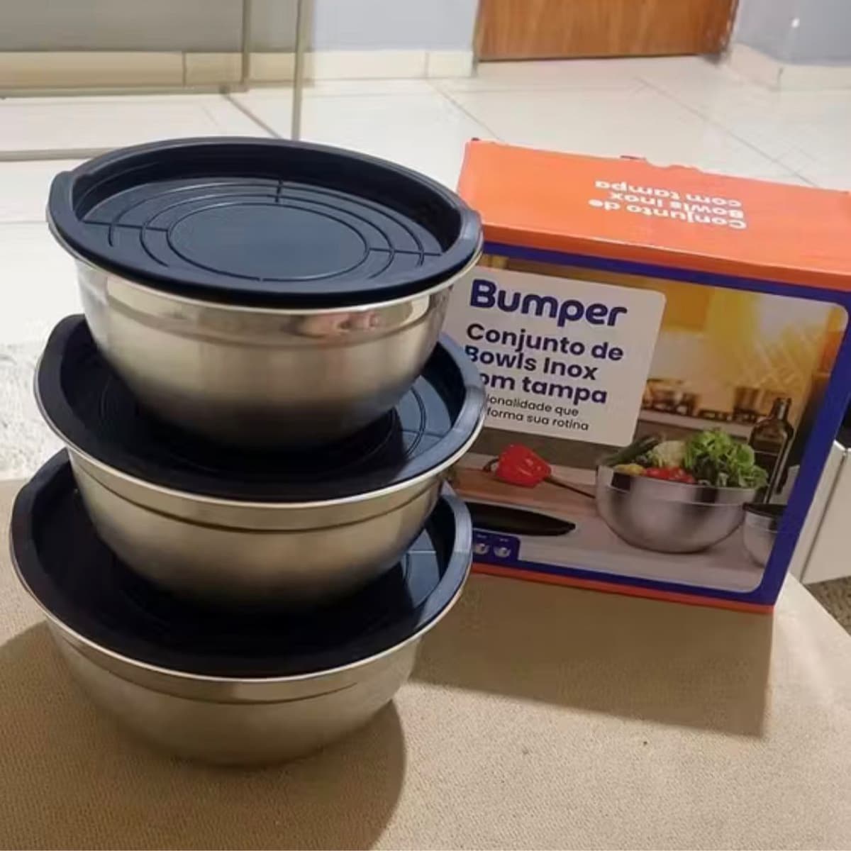 Conjunto Bowls de Inox com Tampa Bumper