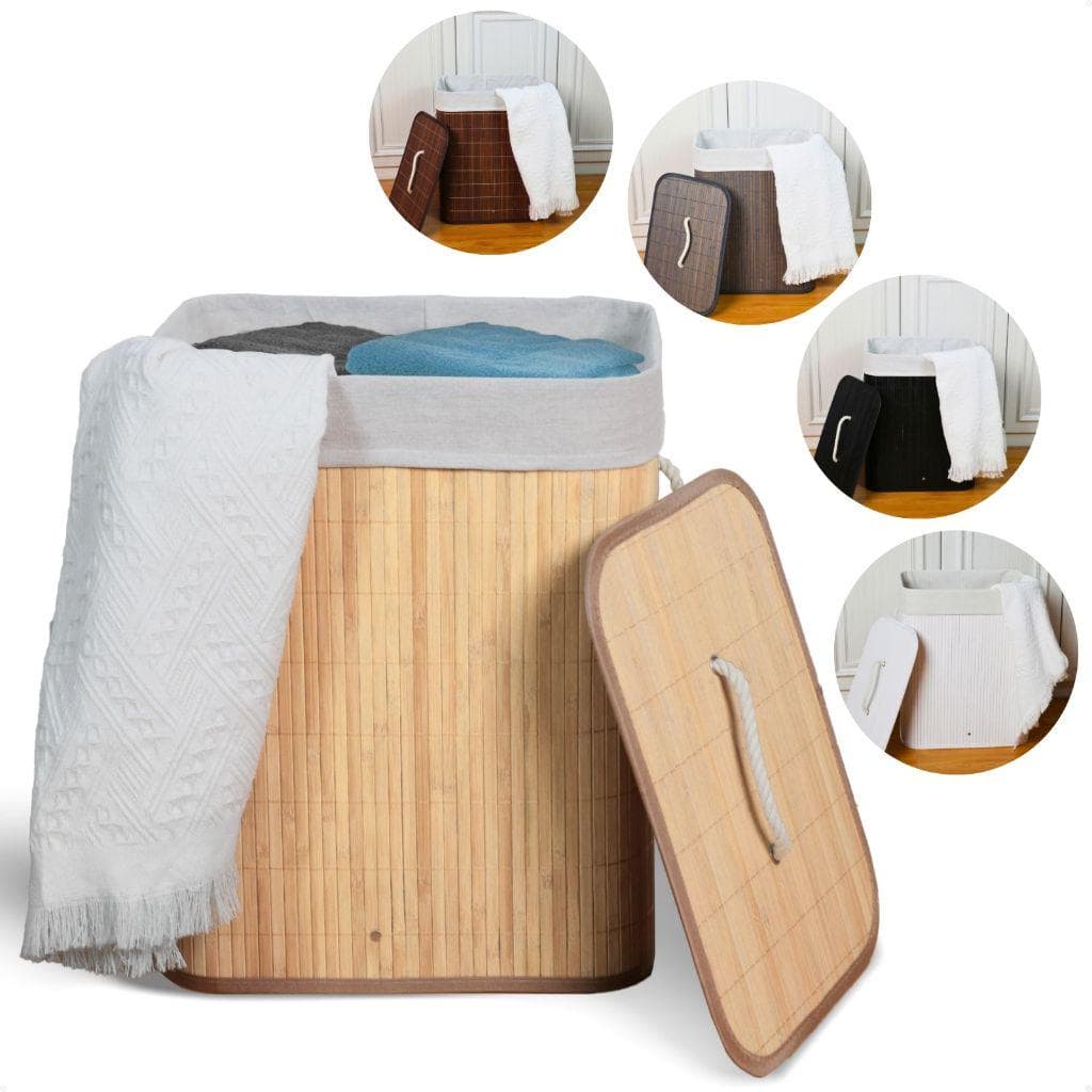 Cesto de Roupa Suja de Bambu 50 Litros com Tampa e Alças
