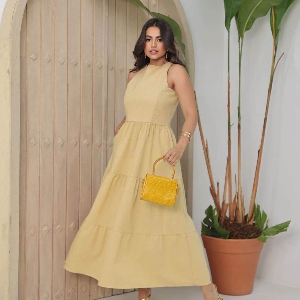 Vestido Feminino Sem Manga Midi Elegante Soltinho Casual Festa Linho Premium