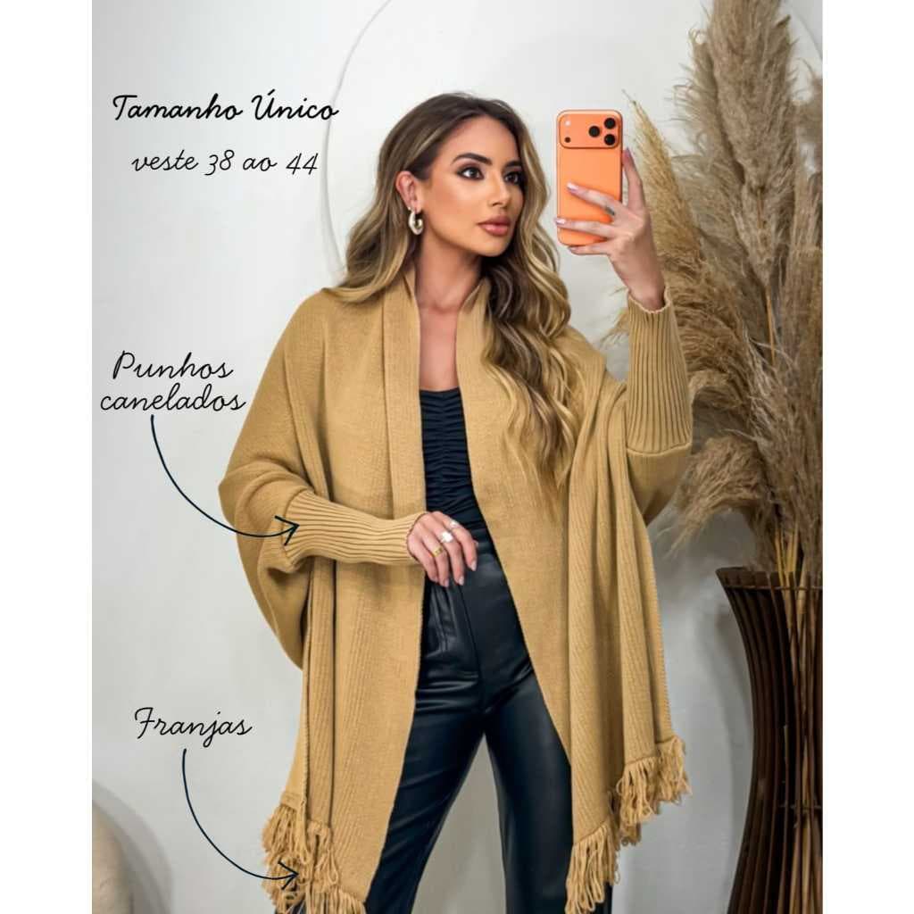 Poncho Capa Tricô Feminino com Franjas