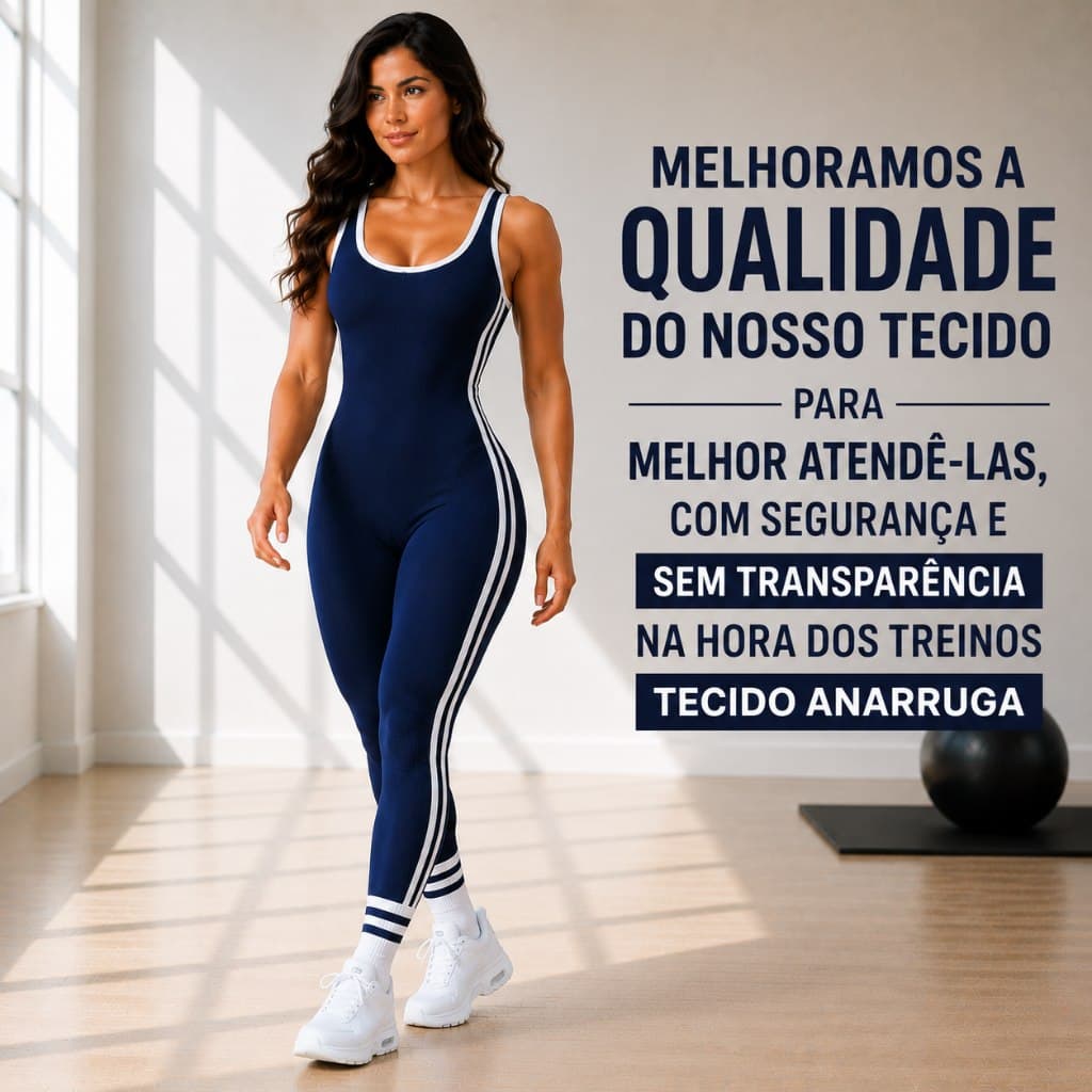 Macacão Fitness Longo Canelado Anarruga com Compressão Estruturada Alta Respirabilidade