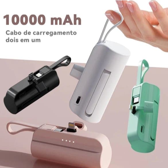 Carregador Portátil Mini Power Bank 10000mAh com 2 Saídas Tipo-C / Lightning